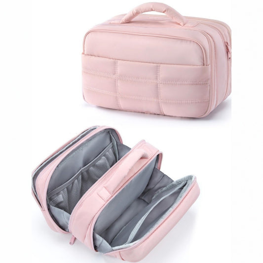 Anna-Kaci Double-Layer Travel Makeup and Toiletry Bag with Quilted Design and Carry Handle