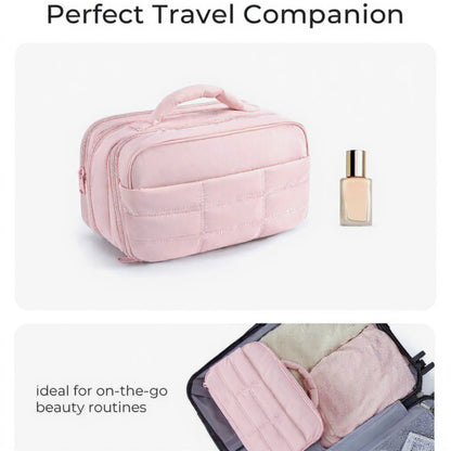 Anna-Kaci Double-Layer Travel Makeup and Toiletry Bag with Quilted Design and Carry Handle