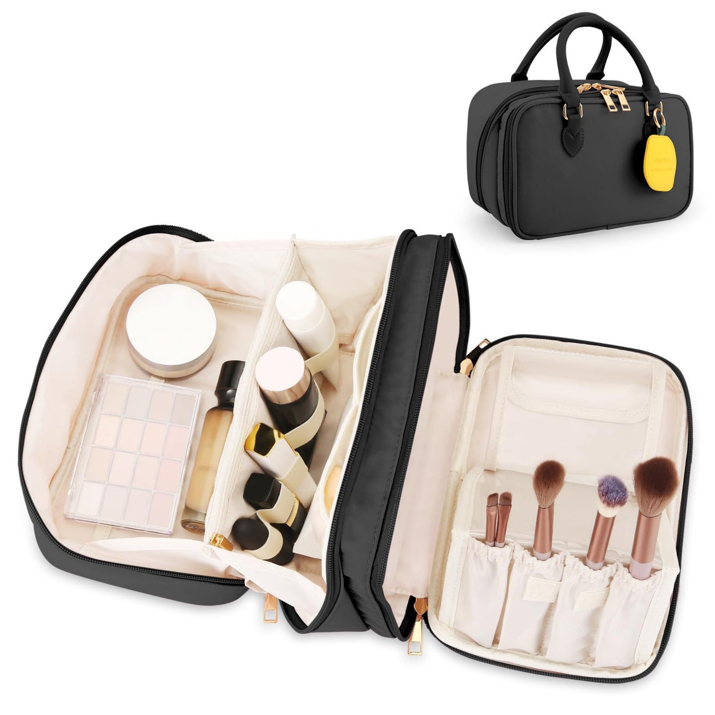 Anna-Kaci Large Capacity Makeup Organizer Bag with Dual Compartments and Brush Holders 9.8x6.3x5.5 inches