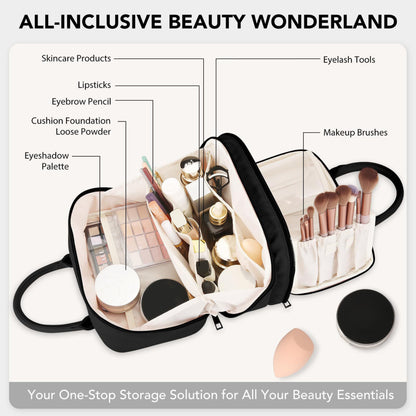 Anna-Kaci Large Capacity Makeup Organizer Bag with Dual Compartments and Brush Holders 9.8x6.3x5.5 inches