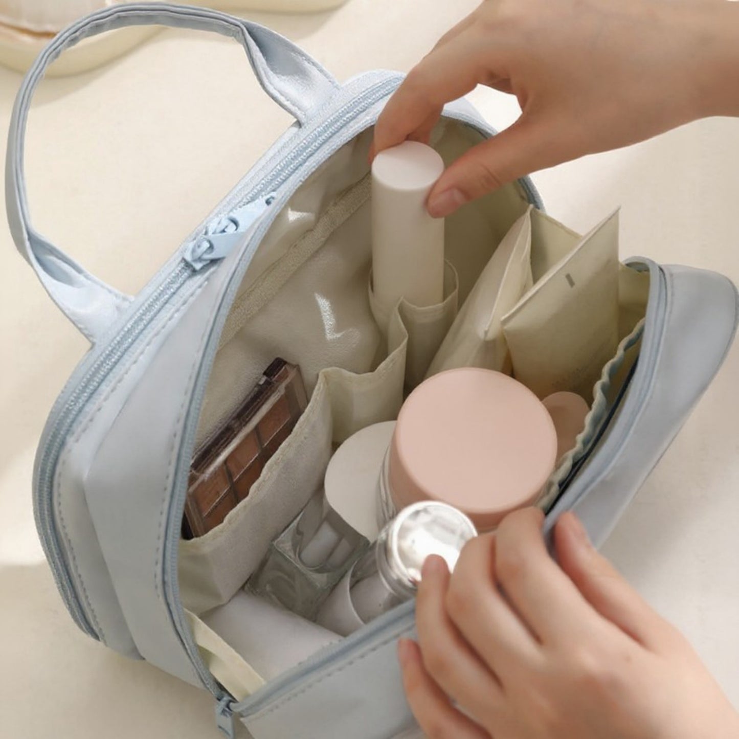 Anna-Kaci Travel Makeup and Toiletry Bag with Dual Compartments and Carry Handle