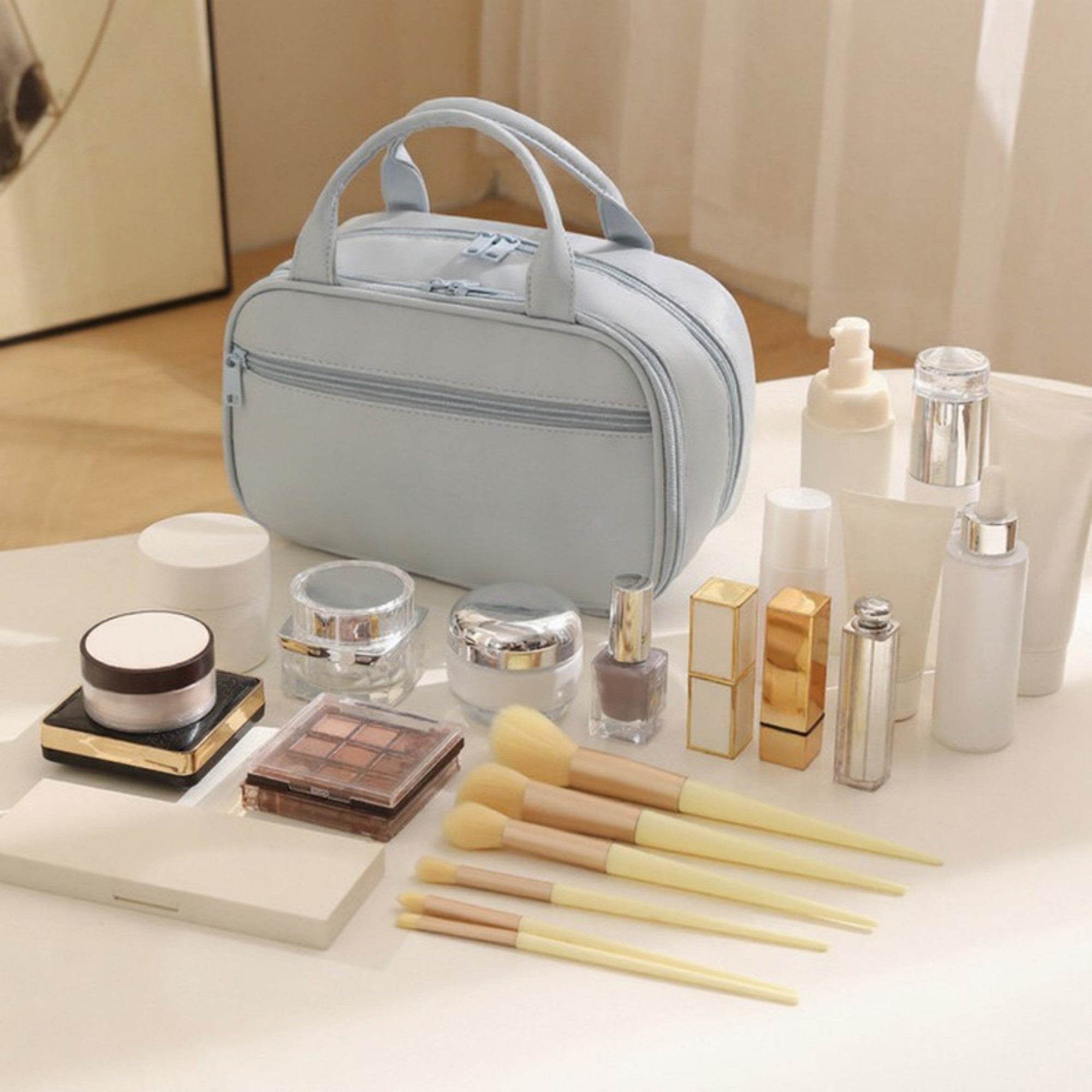 Anna-Kaci Travel Makeup and Toiletry Bag with Dual Compartments and Carry Handle