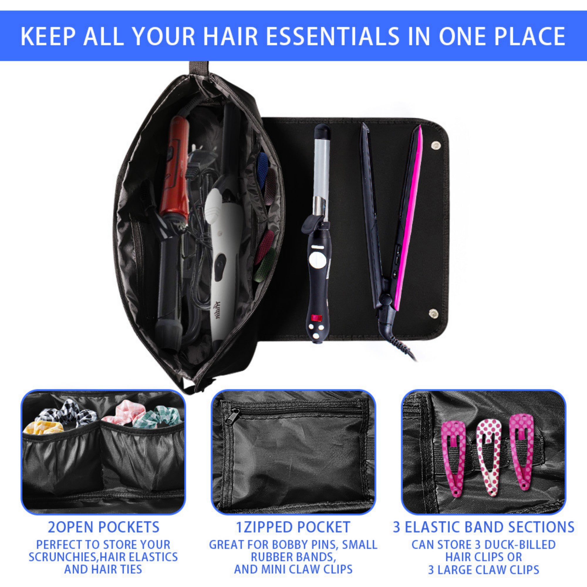 Anna-Kaci Hair Tool Organizer Bag with Heat-Resistant Mat and Multi-Pocket Storage Design