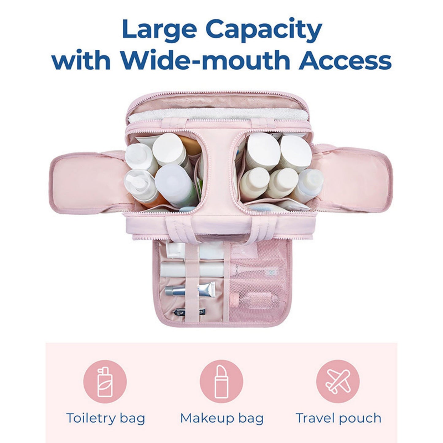 Anna-Kaci Large Capacity Toiletry and Makeup Bag with Wide-Mouth Opening and Multi-Compartment Organizer 12x8.5x5.5in