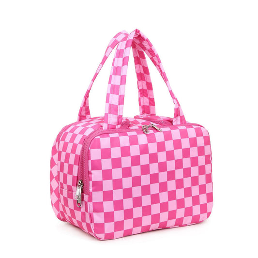 Anna-Kaci Checkered Makeup Brush Storage Bag with Zipper Compartments and Carry Handles