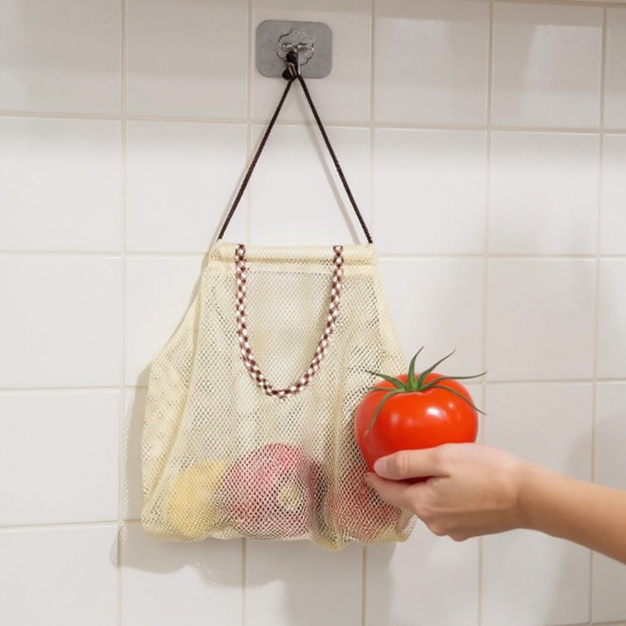 Anna-Kaci Women's Hanging Mesh Storage Bag with Reinforced Checked Handles Breathable Lightweight Organizer