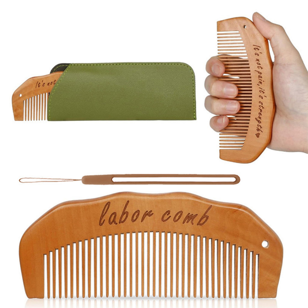 Anna-Kaci Wooden Labor Comb Set with Smooth Wide-Fine Teeth, Engraved Comfort Grip Design, Storage Case, and Hair Loop Styling Tool