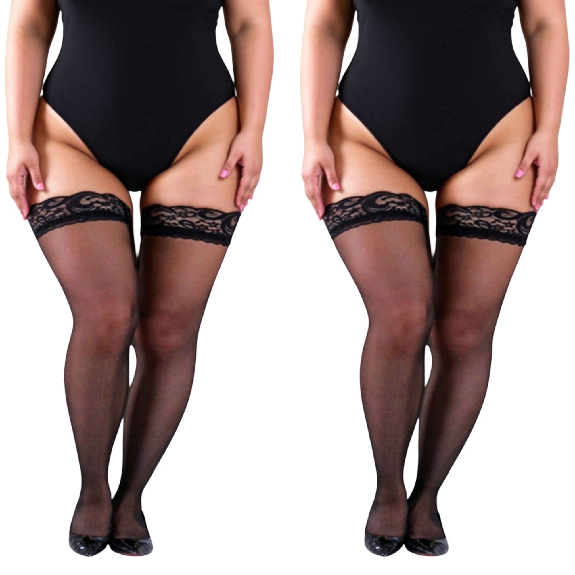 Anna-Kaci 2pcs Women's Lace Top Thigh High Stockings Sheer Smooth Finish Stretch Hold-Up Design and Delicate Floral Trim Detail