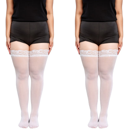 Anna-Kaci 2pcs Women's Lace Top Thigh High Stockings Sheer Smooth Finish Stretch Hold-Up Design and Delicate Floral Trim Detail