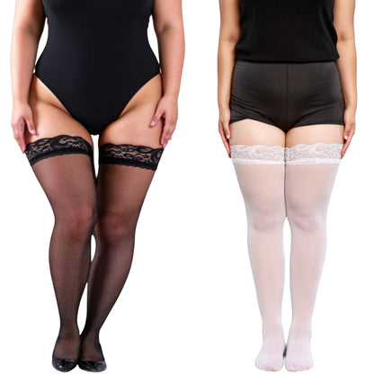 Anna-Kaci 2pcs Women's Lace Top Thigh High Stockings Sheer Smooth Finish Stretch Hold-Up Design and Delicate Floral Trim Detail