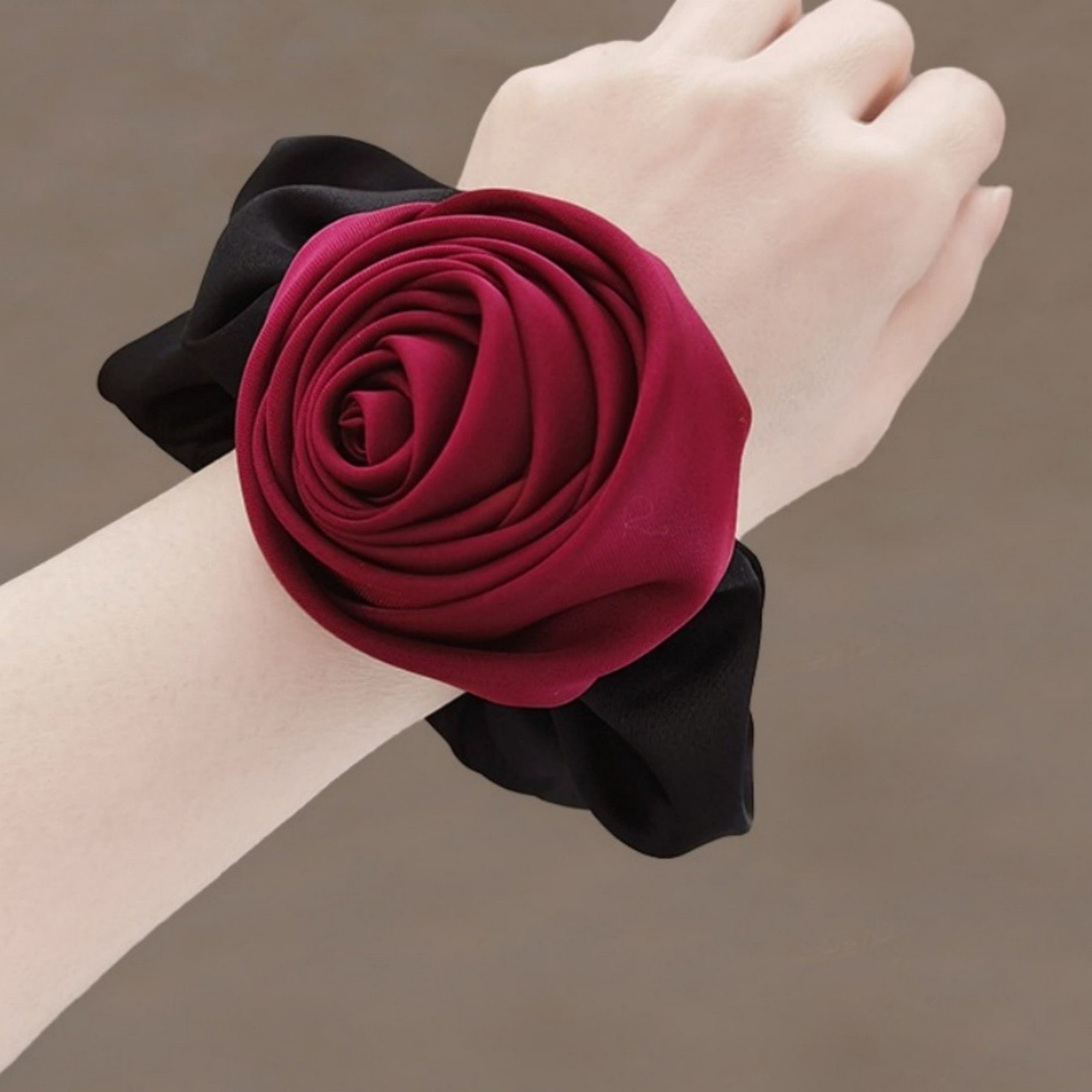Anna-Kaci Women's 3-Piece Scrunchie Set with Sculpted Fabric Rose and Gathered Elastic Hair Ties 3.5in (Rose 2.5in)