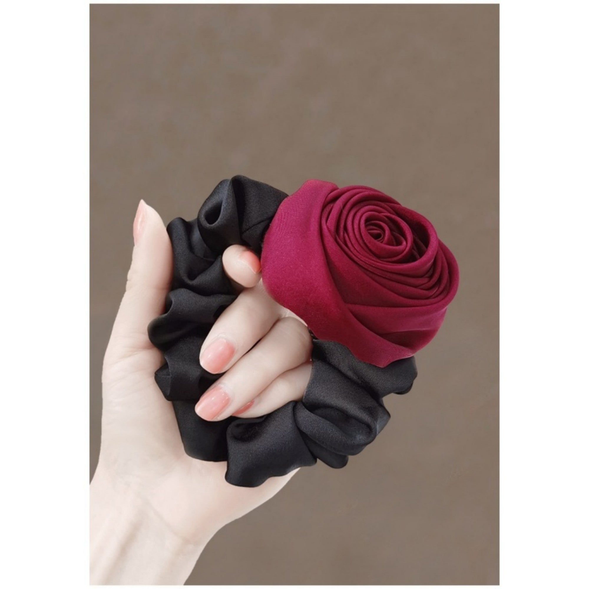 Anna-Kaci Women's 3-Piece Scrunchie Set with Sculpted Fabric Rose and Gathered Elastic Hair Ties 3.5in (Rose 2.5in)