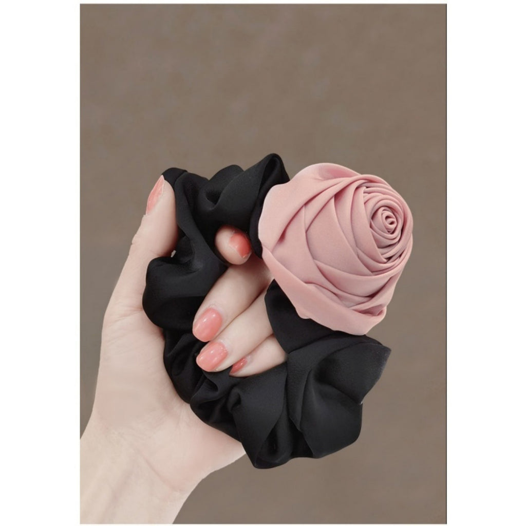 Anna-Kaci Women's 3-Piece Scrunchie Set with Sculpted Fabric Rose and Gathered Elastic Hair Ties 3.5in (Rose 2.5in)