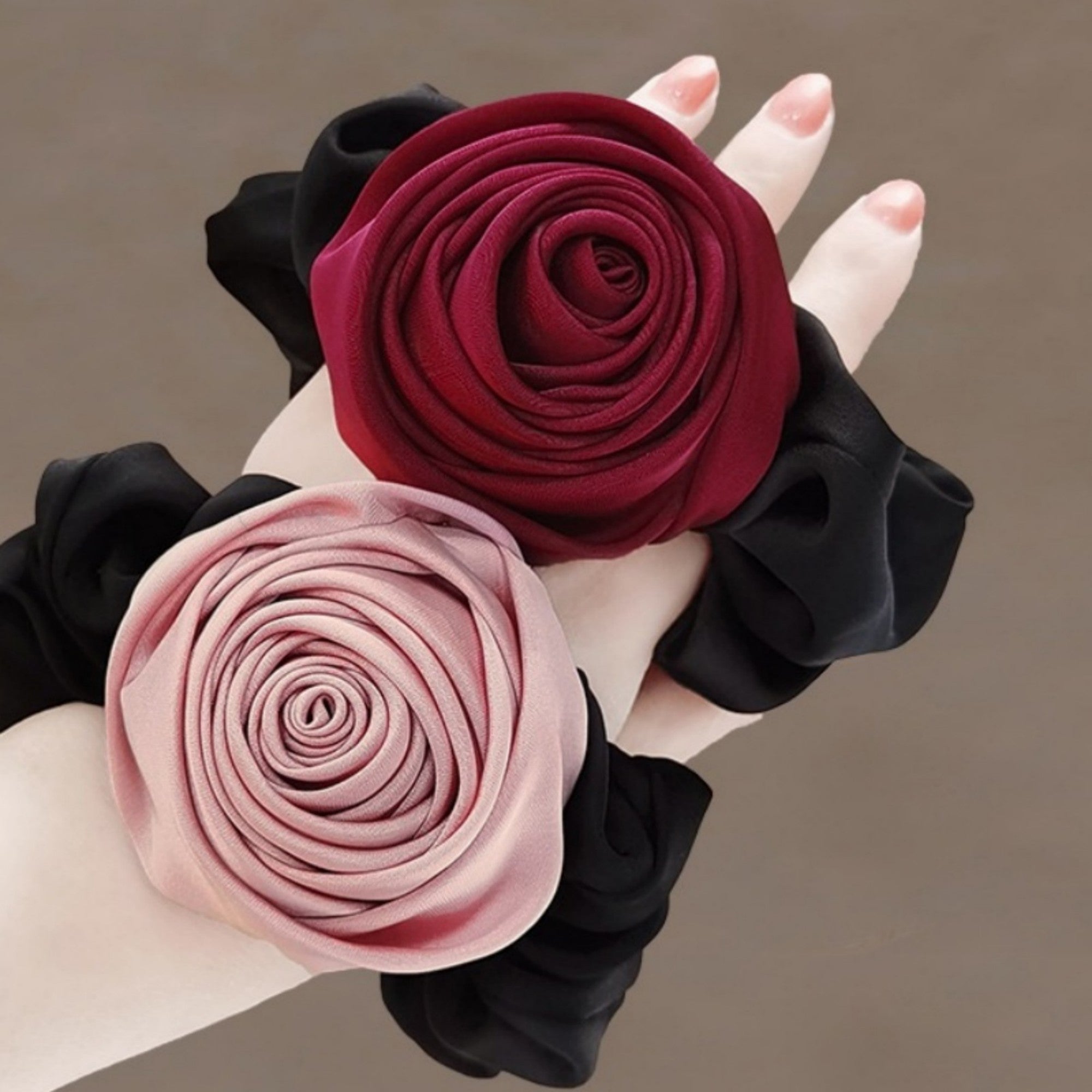 Anna-Kaci Women's 3-Piece Scrunchie Set with Sculpted Fabric Rose and Gathered Elastic Hair Ties 3.5in (Rose 2.5in)