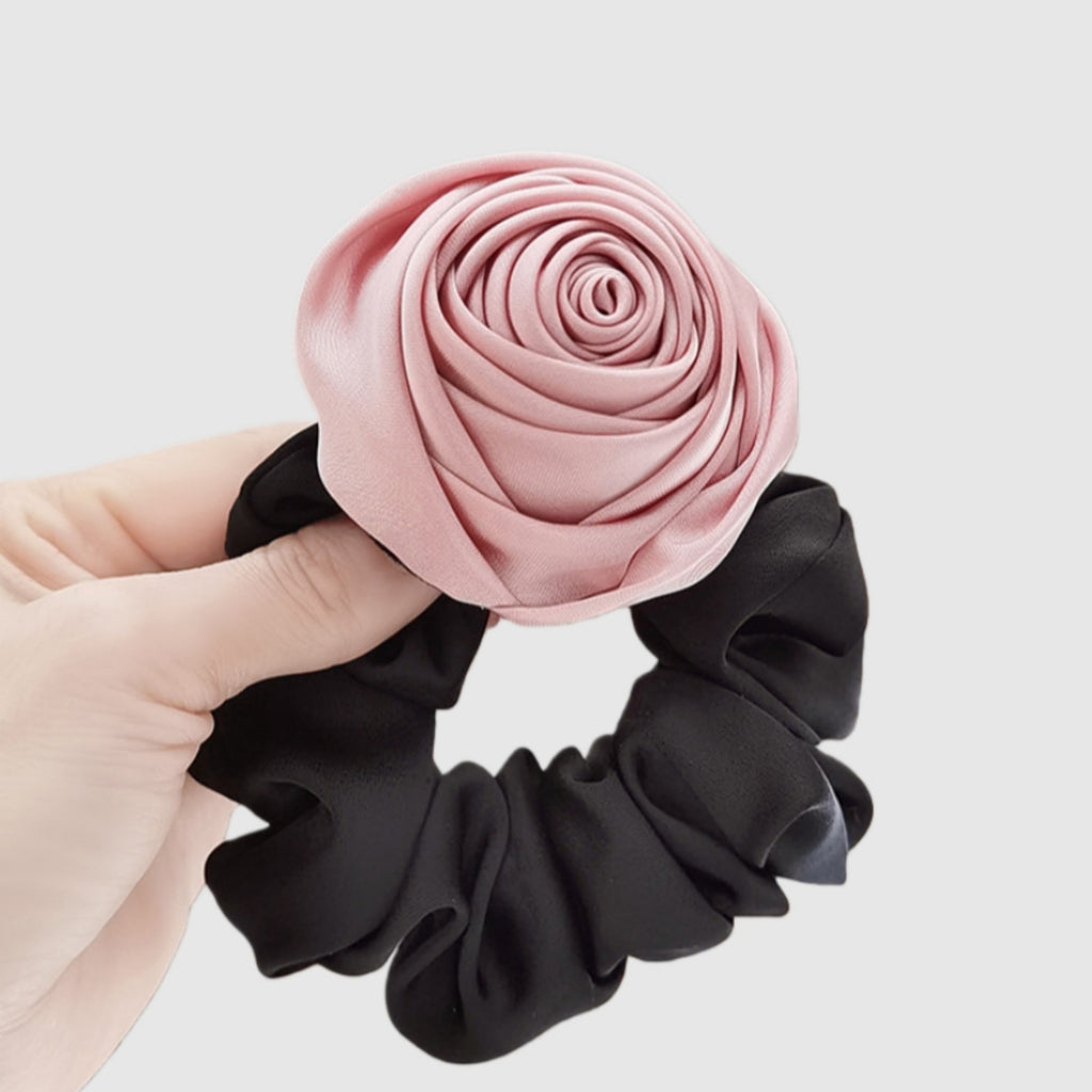 Anna-Kaci Women's 3-Piece Scrunchie Set with Sculpted Fabric Rose and Gathered Elastic Hair Ties 3.5in (Rose 2.5in)