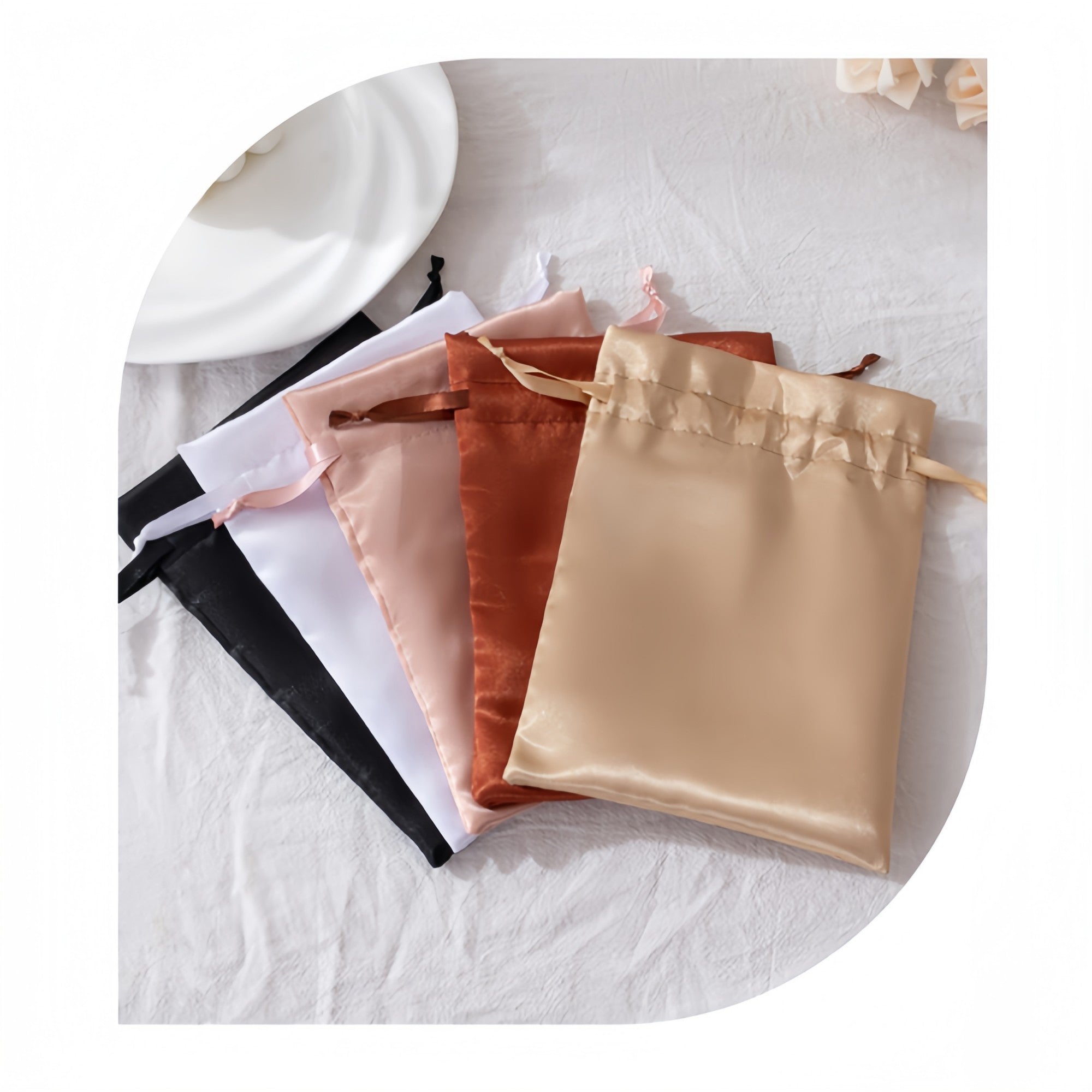 Anna-Kaci 6-Piece Satin Drawstring Pouch Set with Soft Fabric Finish for Jewelry Beauty and Gift Storage