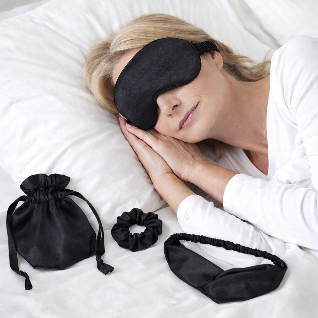 Anna-Kaci Women's 4-Piece Satin Sleep Accessory Set with Eye Mask Headband Scrunchie and Drawstring Storage Pouch