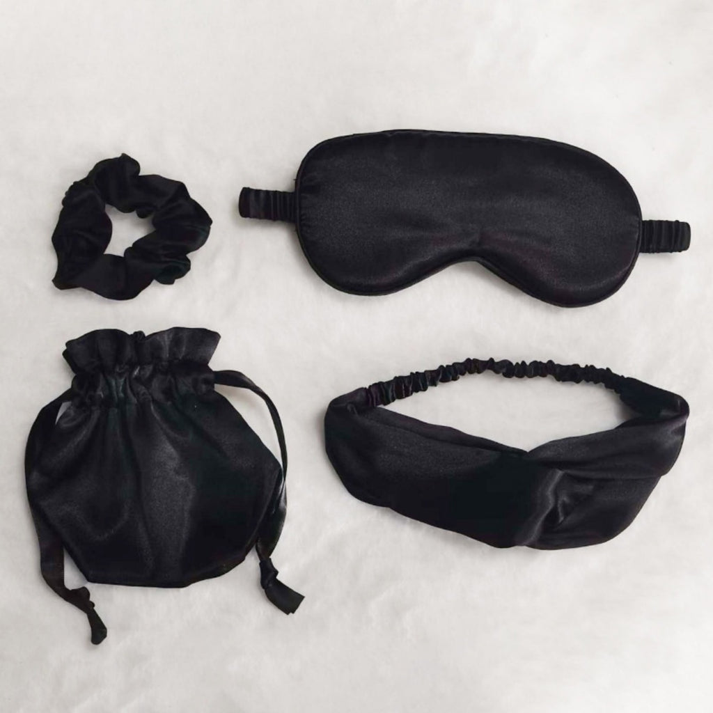 Anna-Kaci Women's 4-Piece Satin Sleep Accessory Set with Eye Mask Headband Scrunchie and Drawstring Storage Pouch