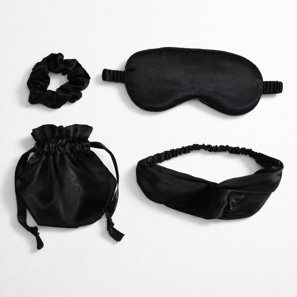 Anna-Kaci Women's 4-Piece Satin Sleep Accessory Set with Eye Mask Headband Scrunchie and Drawstring Storage Pouch