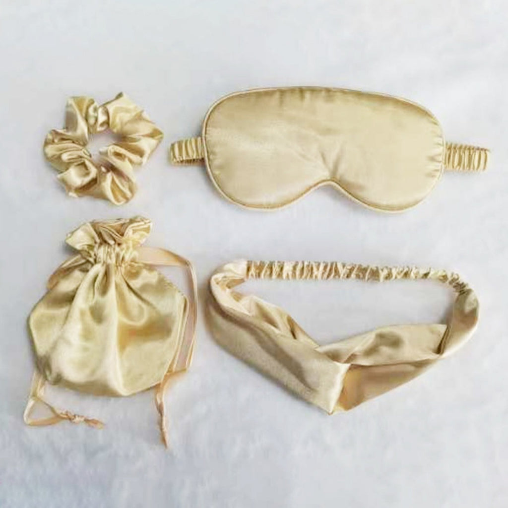 Anna-Kaci Women's 4-Piece Satin Sleep Accessory Set with Eye Mask Headband Scrunchie and Drawstring Storage Pouch