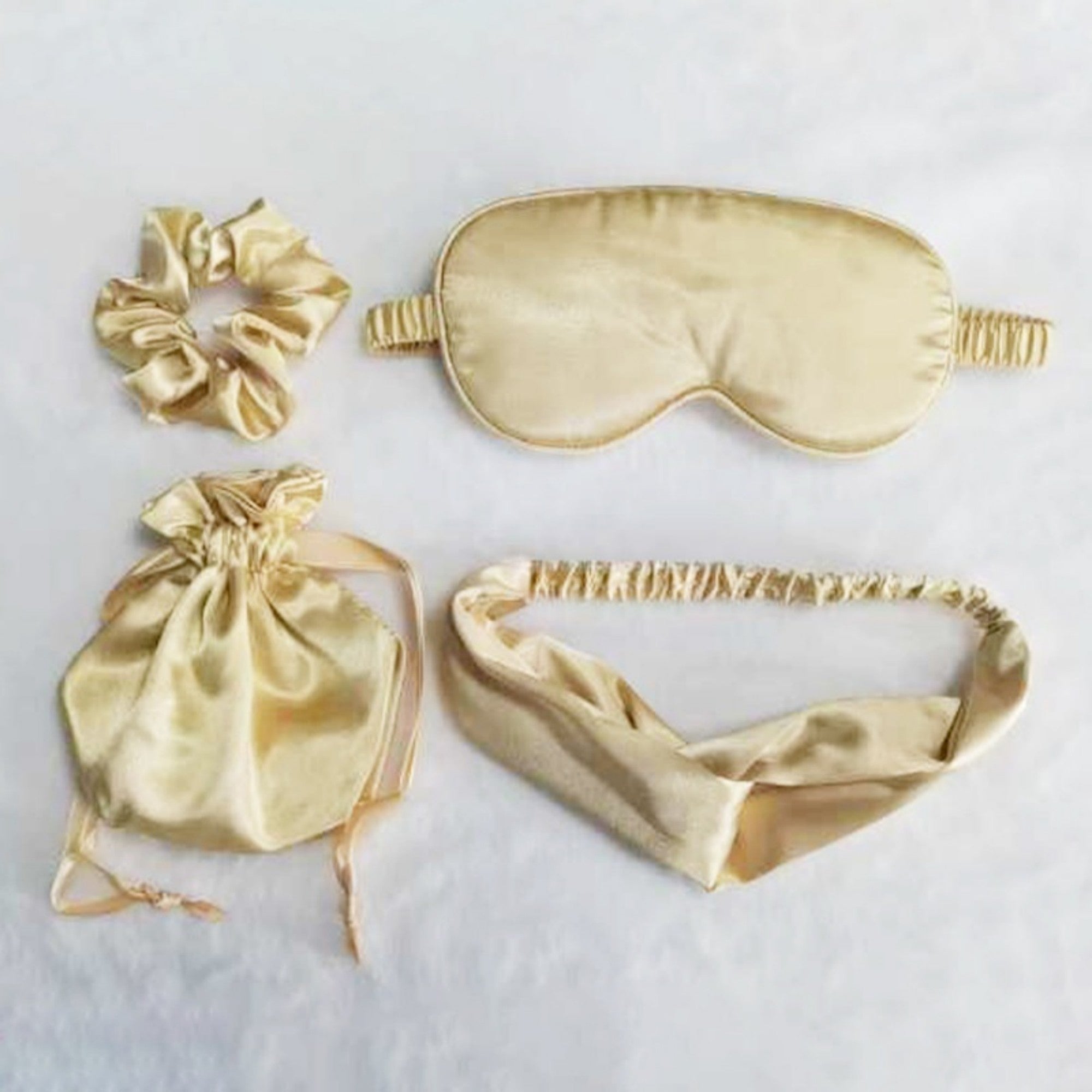 Anna-Kaci Women's 4-Piece Satin Sleep Accessory Set with Eye Mask Headband Scrunchie and Drawstring Storage Pouch