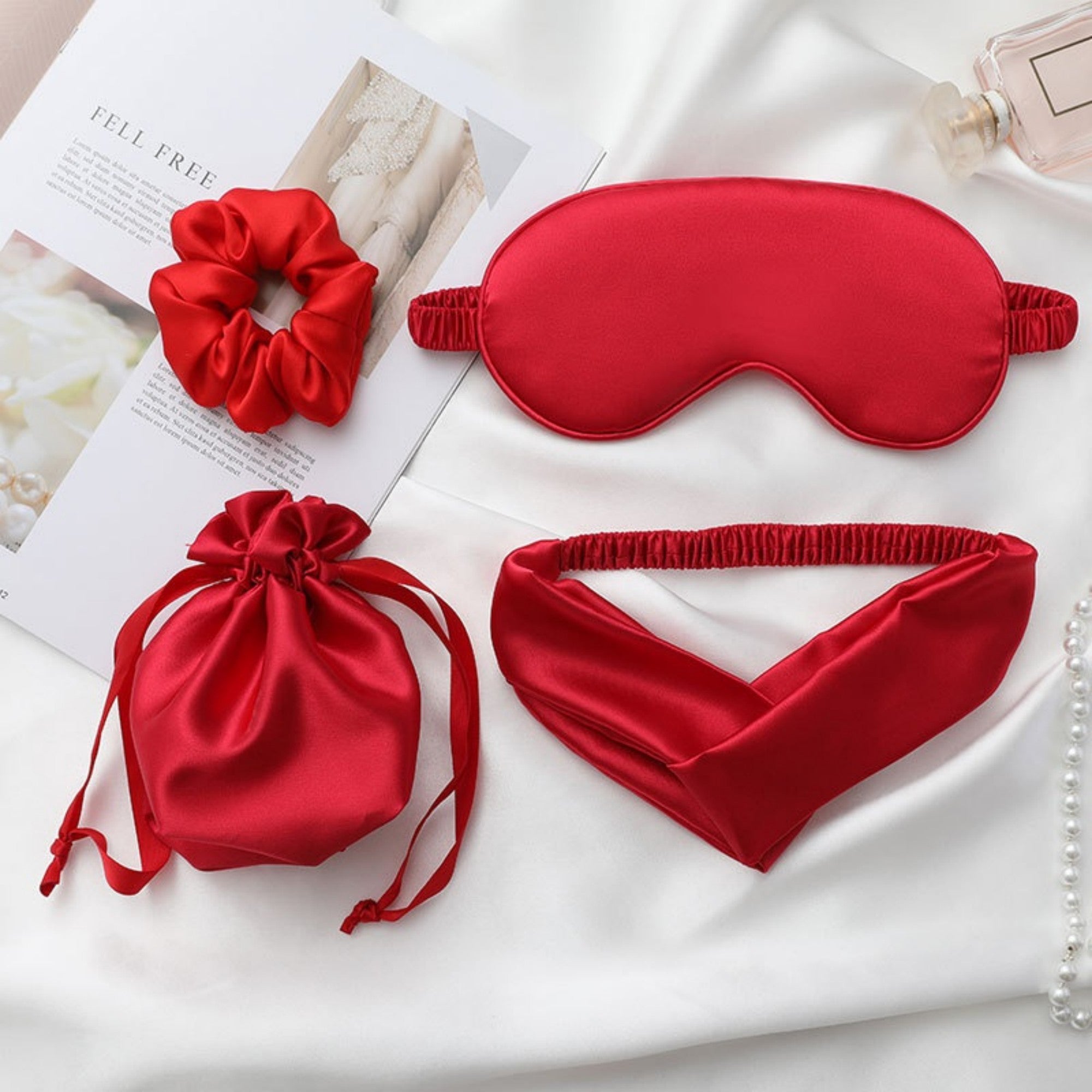 Anna-Kaci Women's 4-Piece Satin Sleep Accessory Set with Eye Mask Headband Scrunchie and Drawstring Storage Pouch
