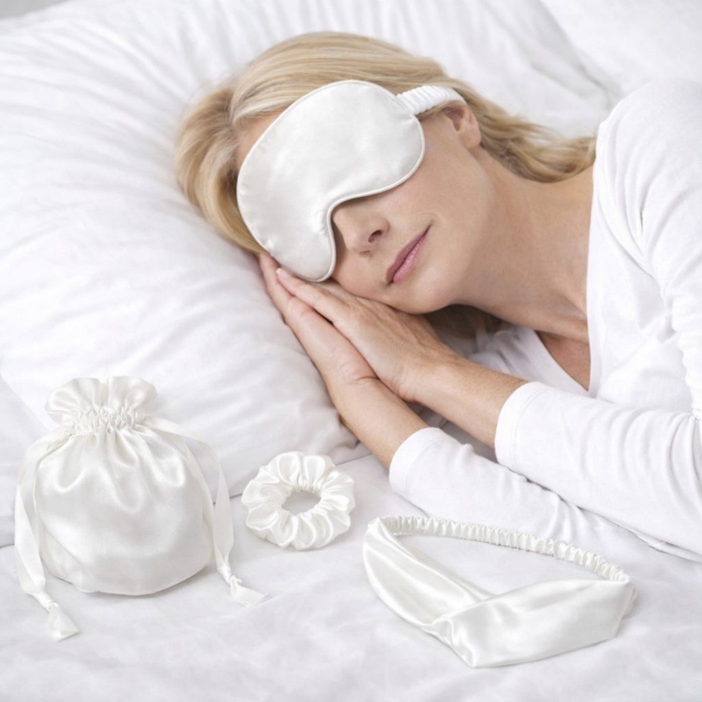 Anna-Kaci Women's 4-Piece Satin Sleep Accessory Set with Eye Mask Headband Scrunchie and Drawstring Storage Pouch