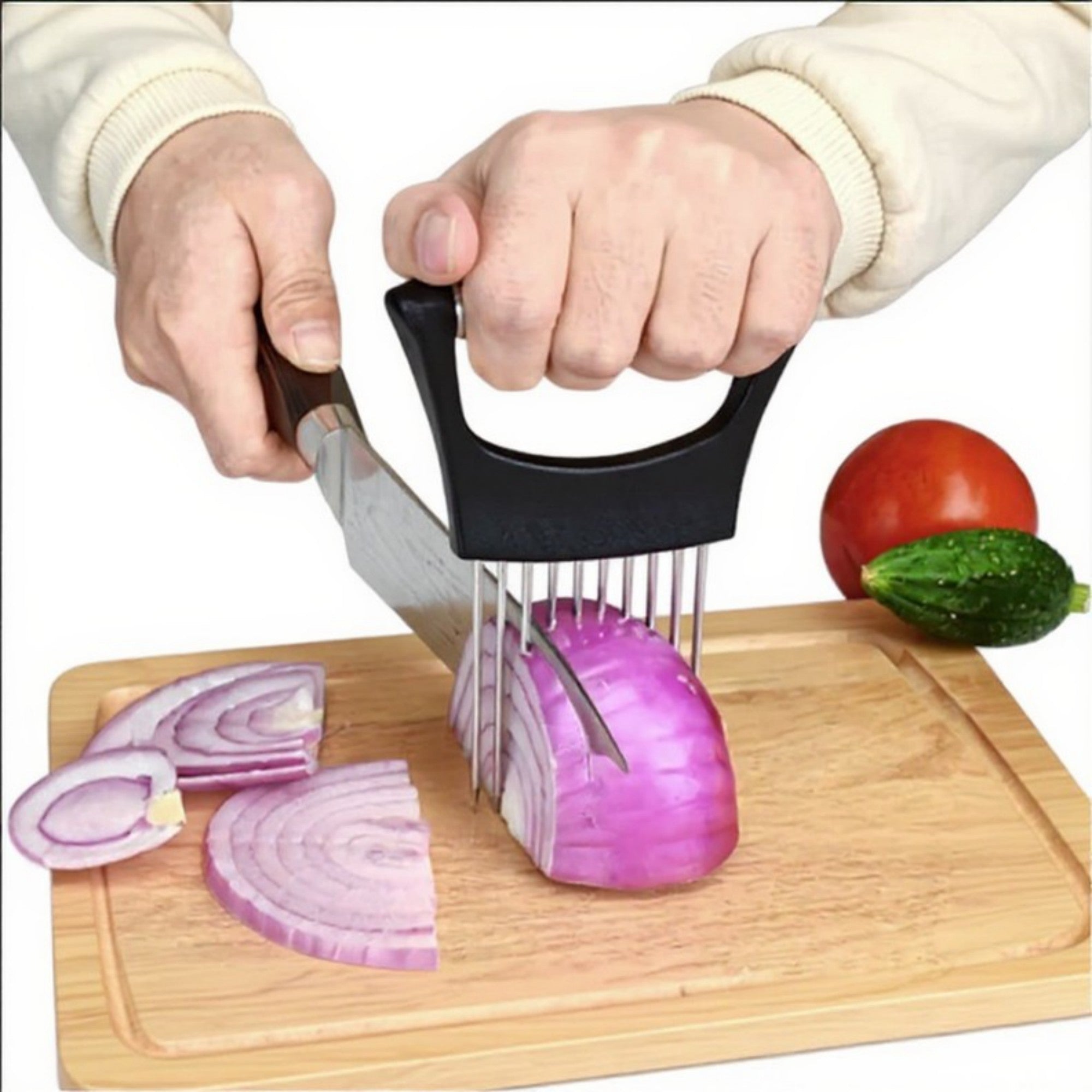 Anna-Kaci 3-Piece Stainless Steel Onion Holder Slicing Tool with Ergonomic Handle and Sharp Metal Prongs for Safer Food Prep