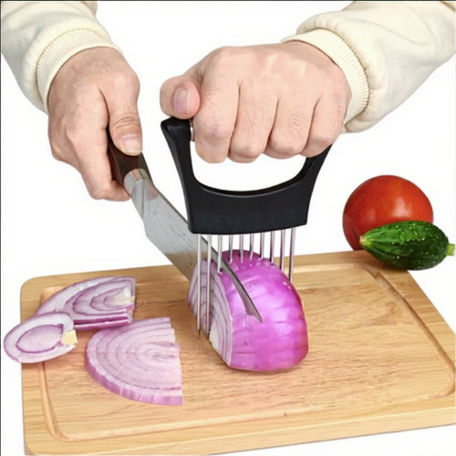 Anna-Kaci 3-Piece Stainless Steel Onion Holder Slicing Tool with Ergonomic Handle and Sharp Metal Prongs for Safer Food Prep