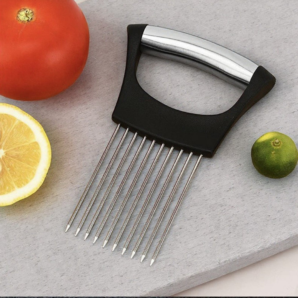 Anna-Kaci 3-Piece Stainless Steel Onion Holder Slicing Tool with Ergonomic Handle and Sharp Metal Prongs for Safer Food Prep