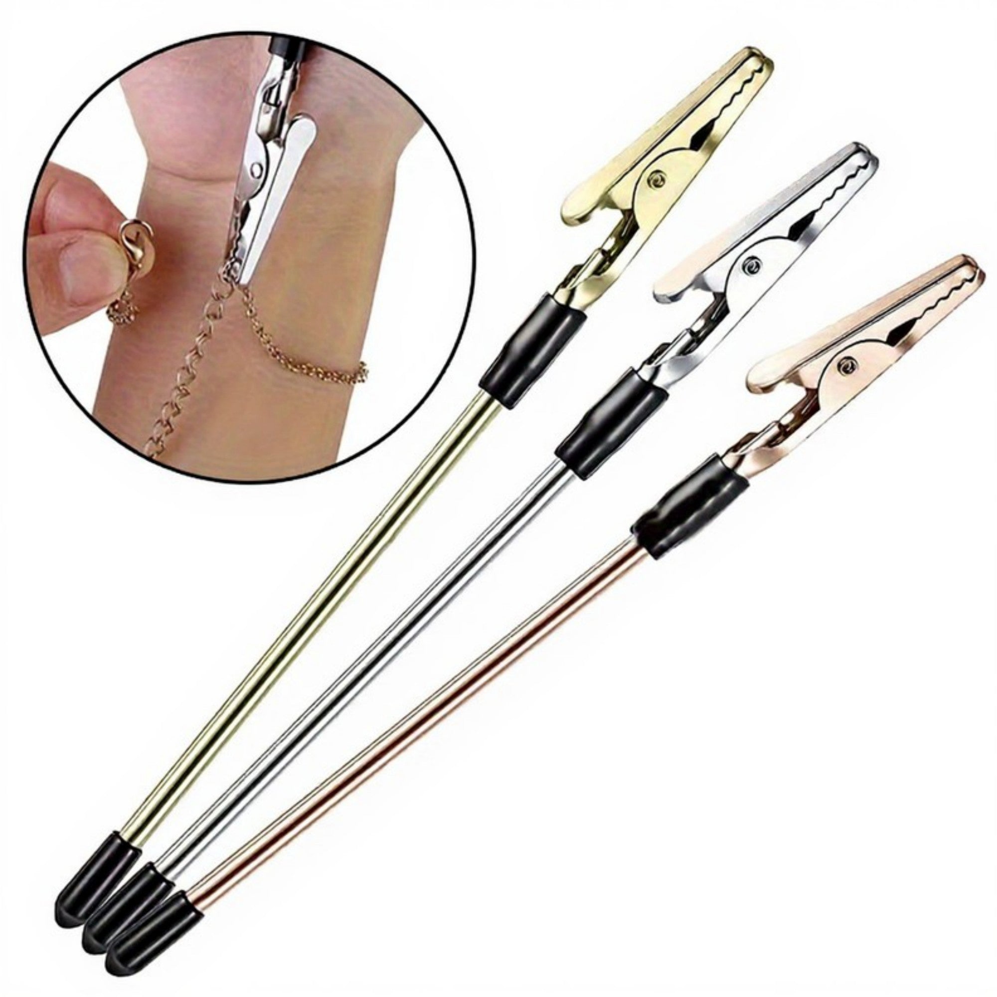 Anna-Kaci 3-Piece Jewelry Fastener Helper Tool with Long Handle and Secure Alligator Clip for Easy Necklace and Bracelet Clasping