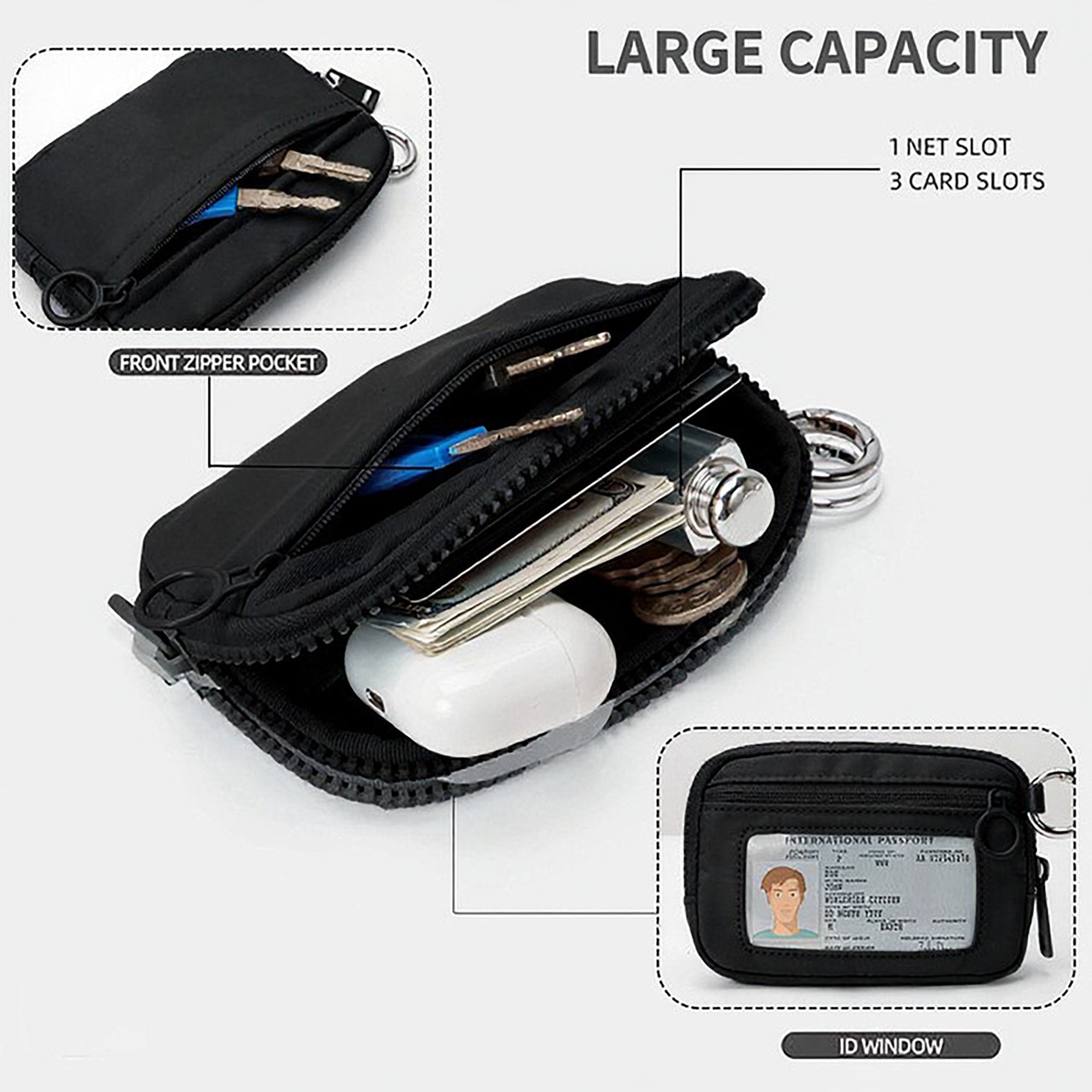 Zippered Wristlet Key Pouch with Clear ID Window Compact Card Holder and Detachable Strap