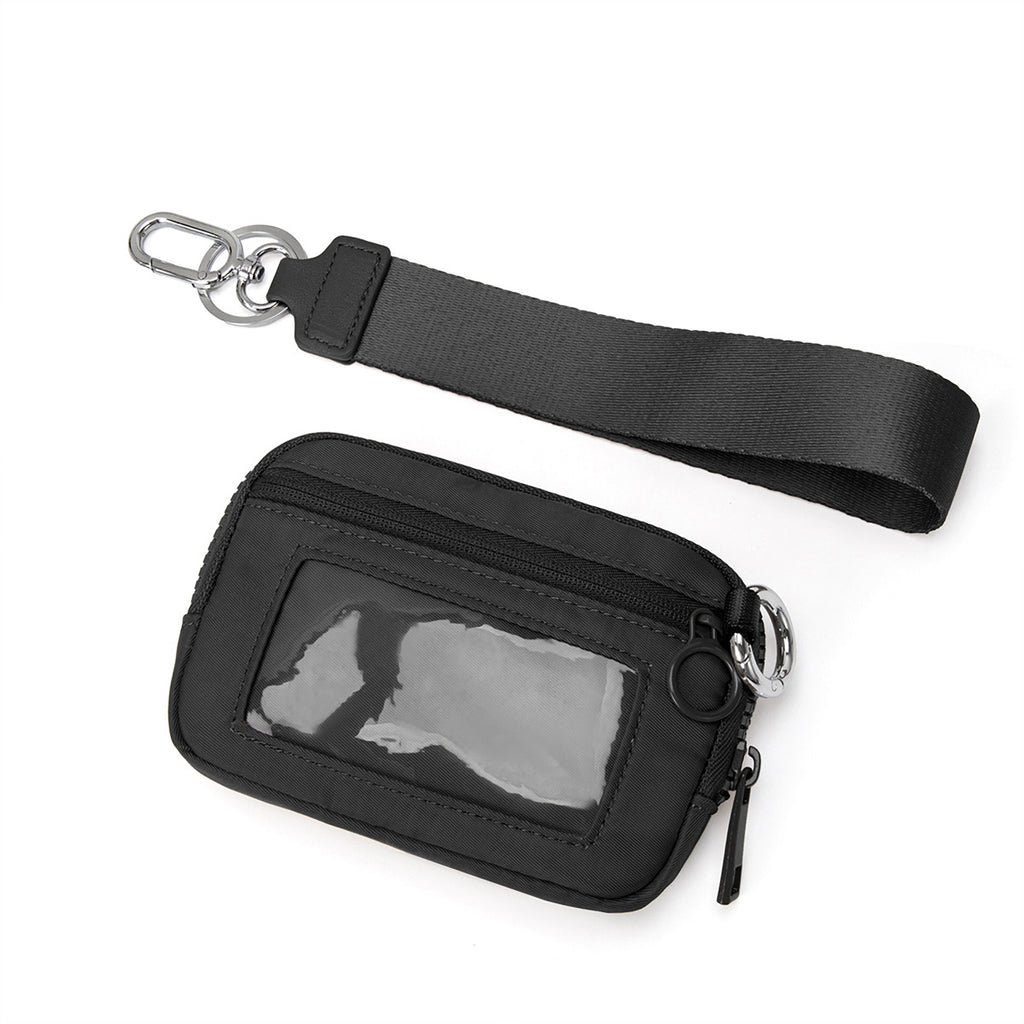 Zippered Wristlet Key Pouch with Clear ID Window Compact Card Holder and Detachable Strap