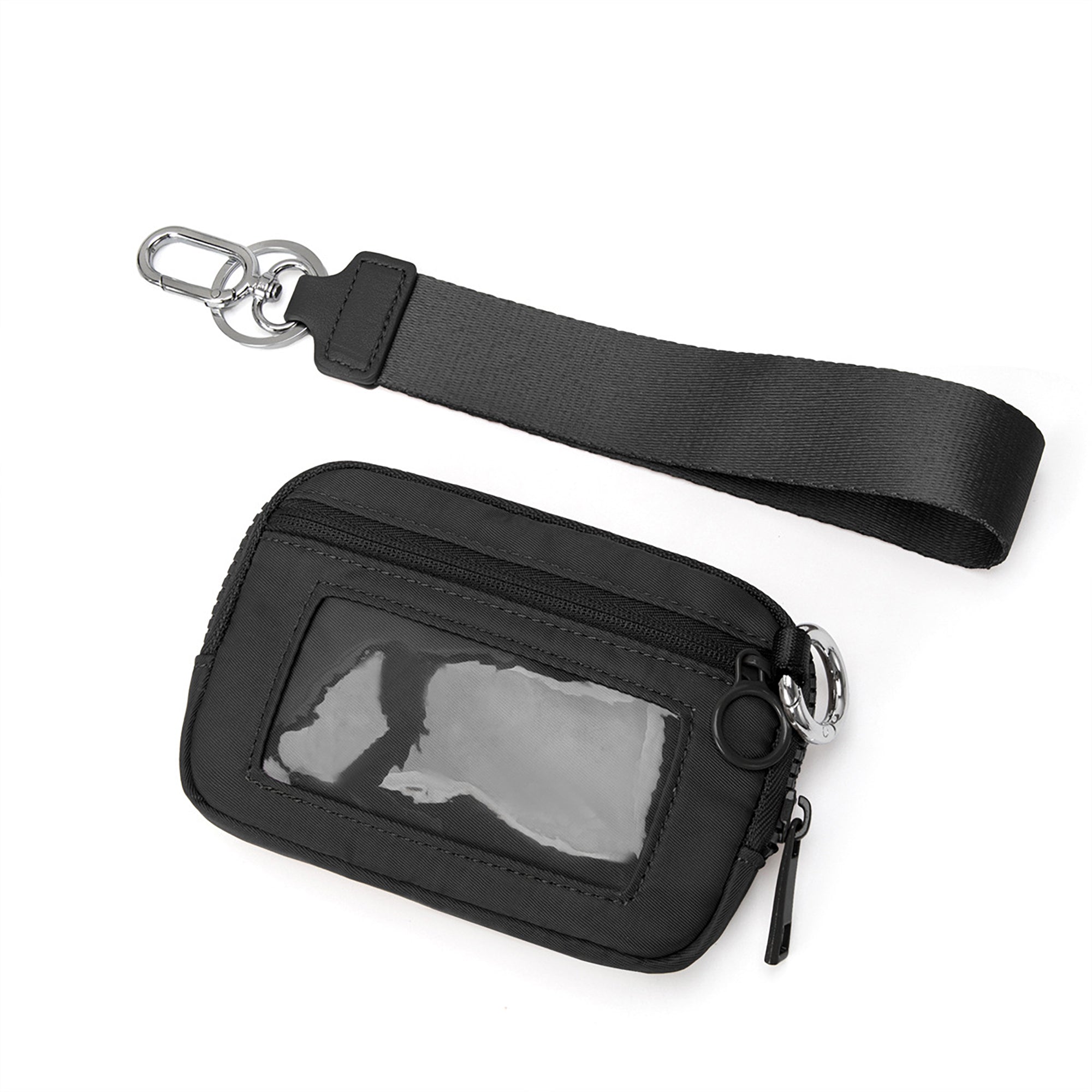 Zippered Wristlet Key Pouch with Clear ID Window Compact Card Holder and Detachable Strap