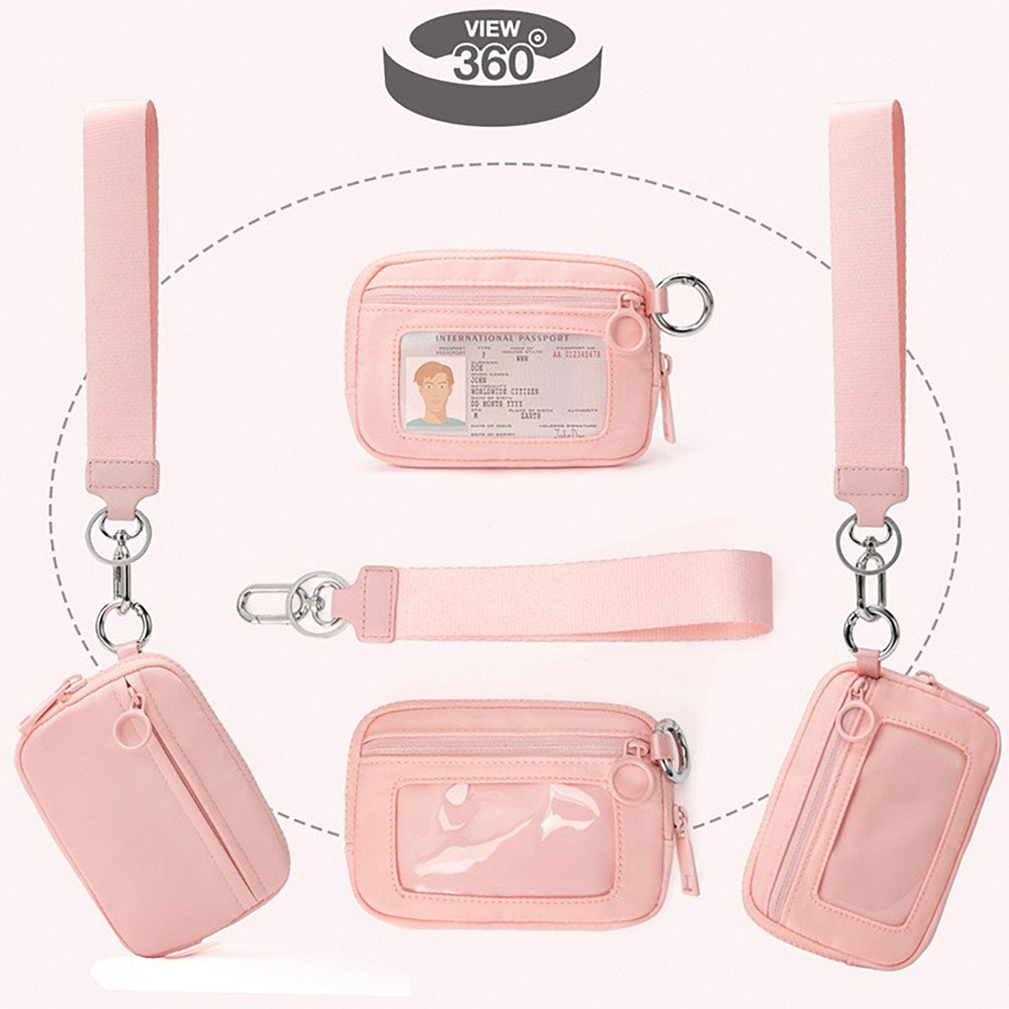 Zippered Wristlet Key Pouch with Clear ID Window Compact Card Holder and Detachable Strap