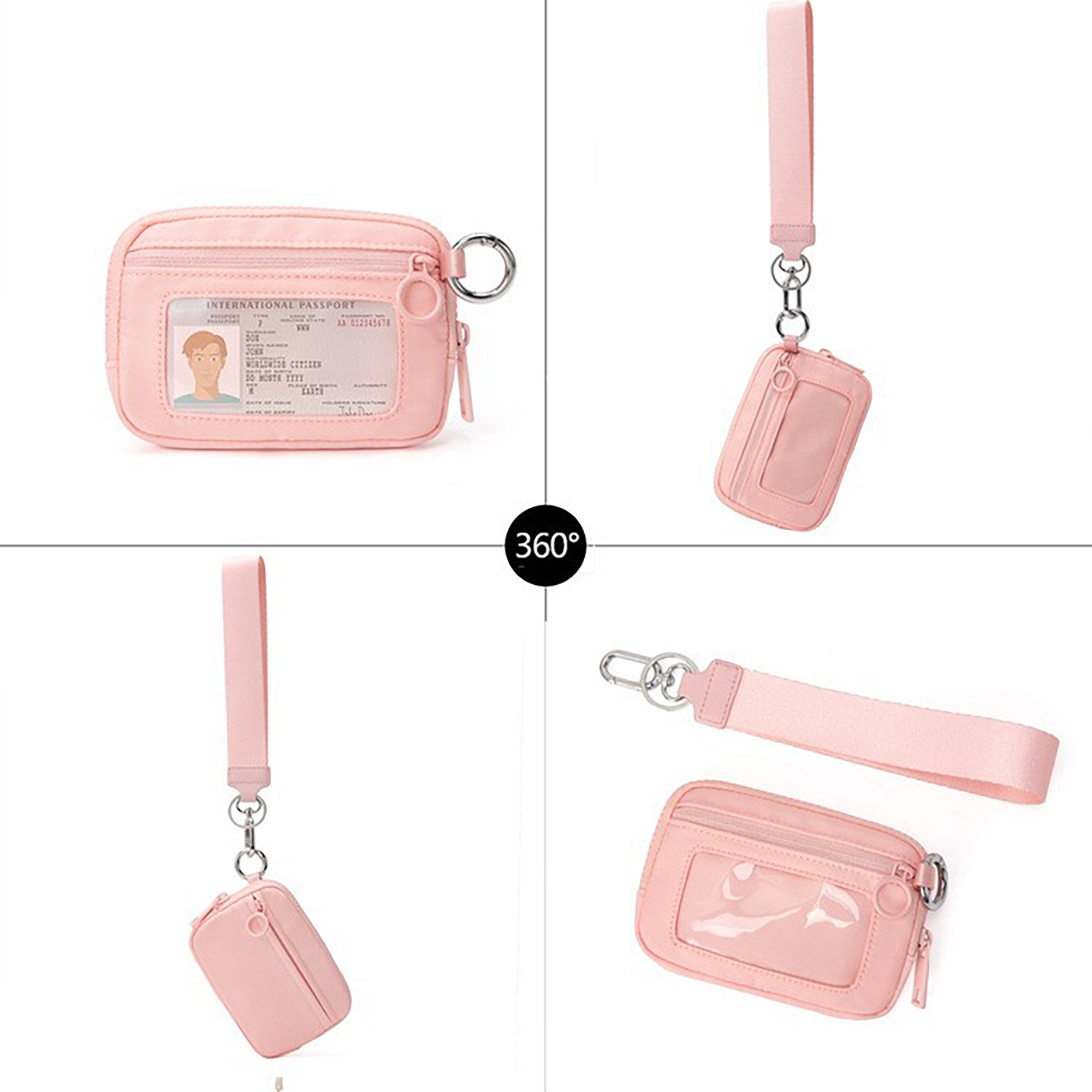 Zippered Wristlet Key Pouch with Clear ID Window Compact Card Holder and Detachable Strap