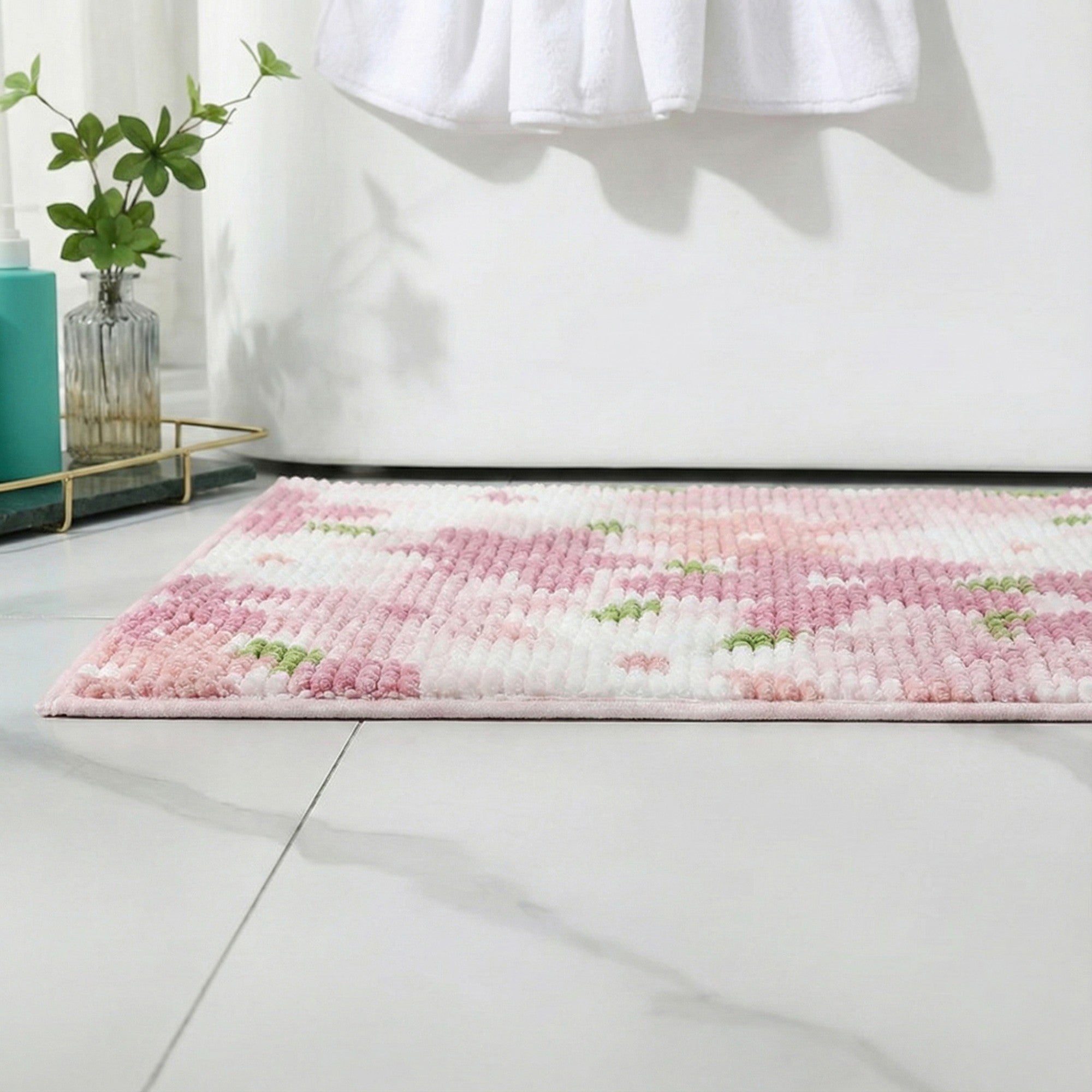 Anna-Kaci Plush Absorbent Bathroom Floor Mat with Floral Pattern Soft Textured Bath Rug for Tub Shower and Sink Areas