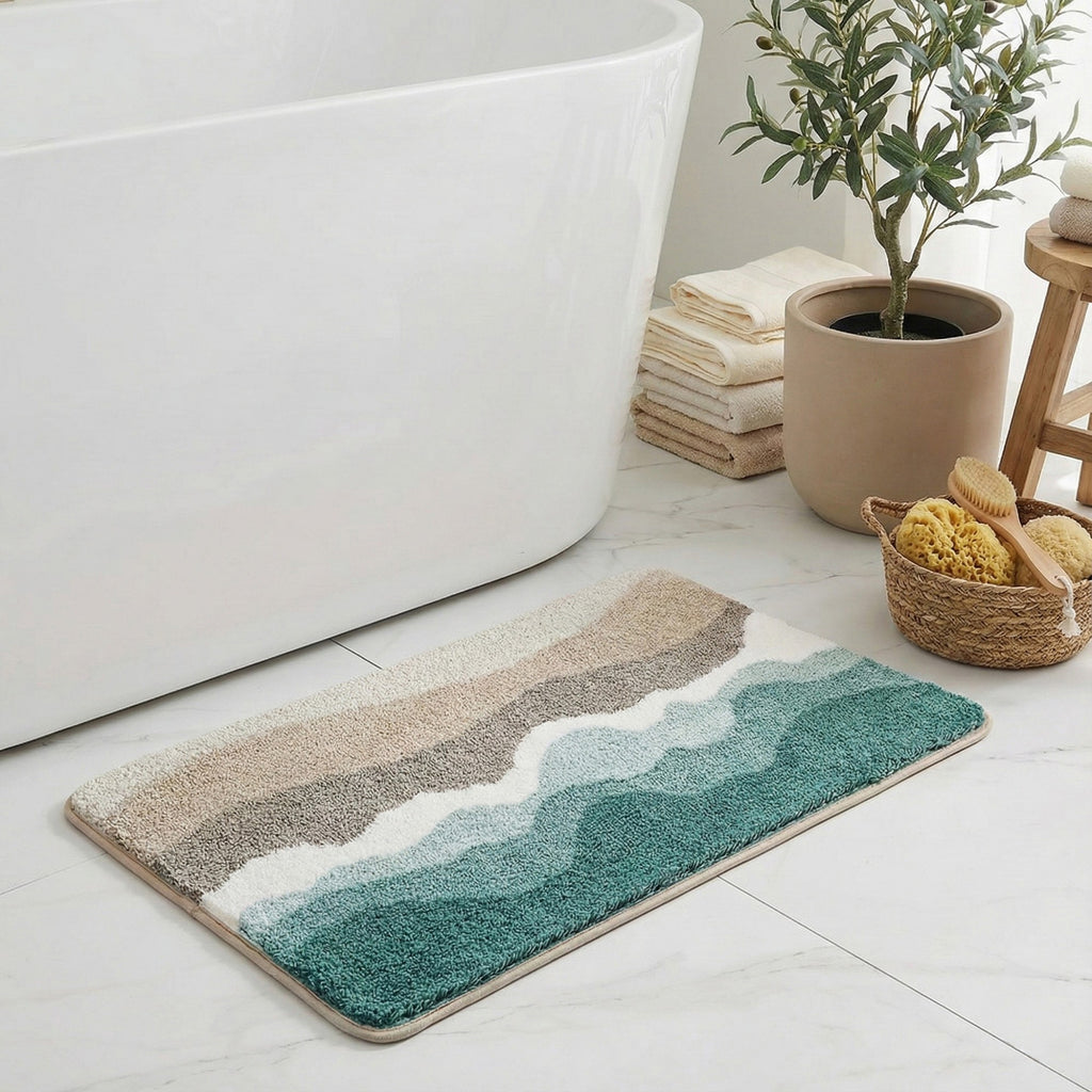 Anna-Kaci Plush Absorbent Bathroom Floor Mat with Layered Wave Pattern Soft Textured Bath Rug for Tub Shower and Sink Areas