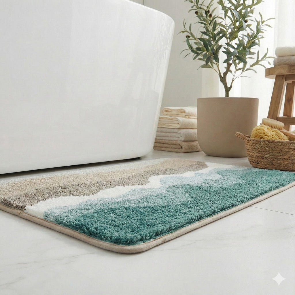 Anna-Kaci Plush Absorbent Bathroom Floor Mat with Layered Wave Pattern Soft Textured Bath Rug for Tub Shower and Sink Areas
