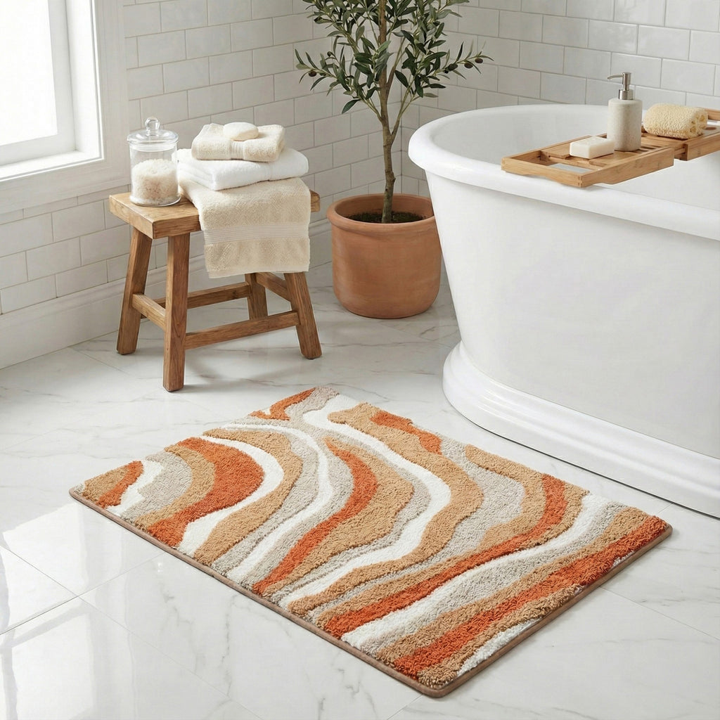 Anna-Kaci Plush Absorbent Bathroom Floor Mat with Layered Wave Pattern Soft Textured Bath Rug for Tub Shower and Sink Areas