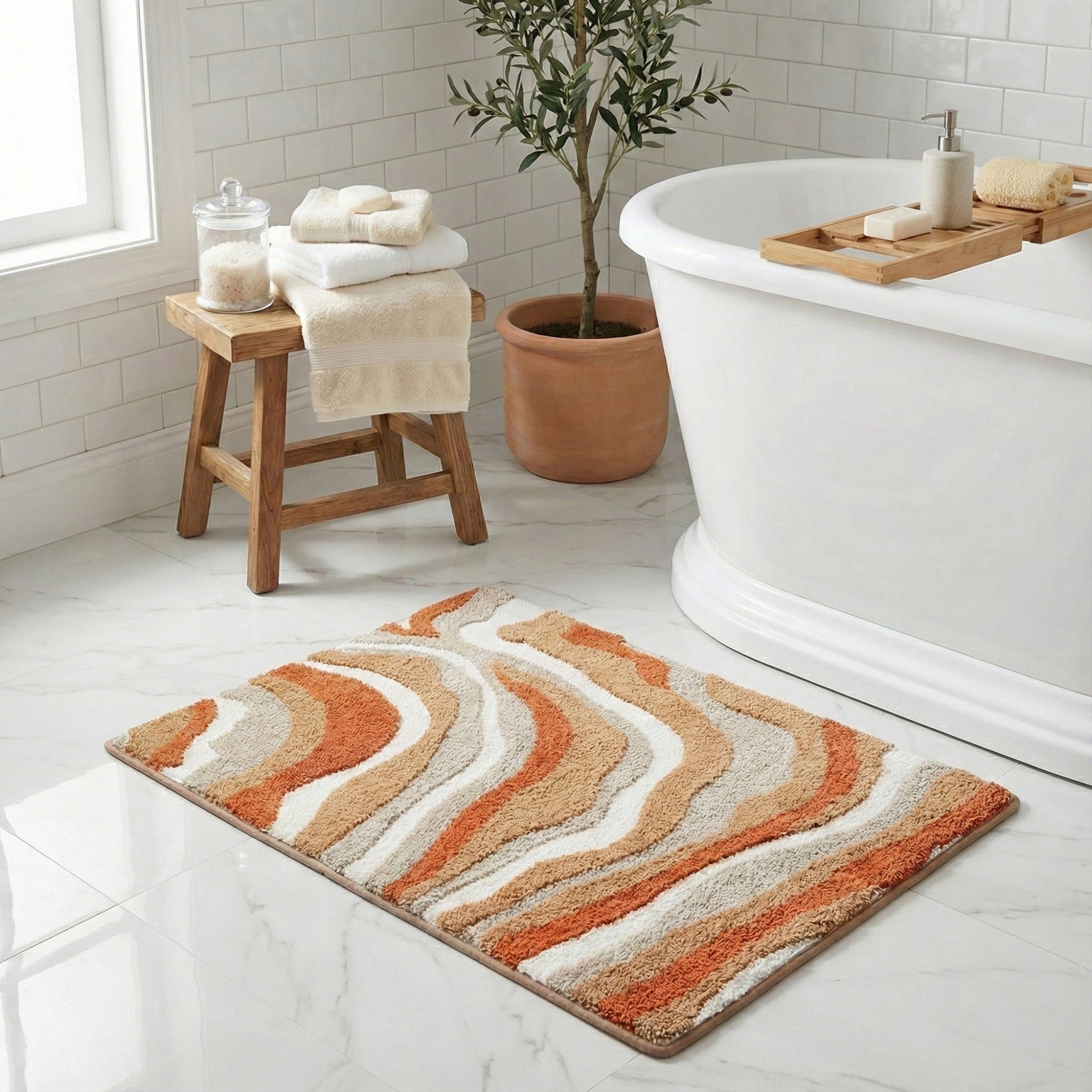 Anna-Kaci Plush Absorbent Bathroom Floor Mat with Layered Wave Pattern Soft Textured Bath Rug for Tub Shower and Sink Areas