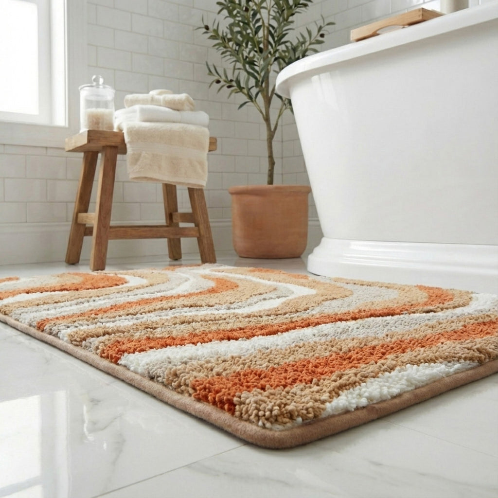 Anna-Kaci Plush Absorbent Bathroom Floor Mat with Layered Wave Pattern Soft Textured Bath Rug for Tub Shower and Sink Areas