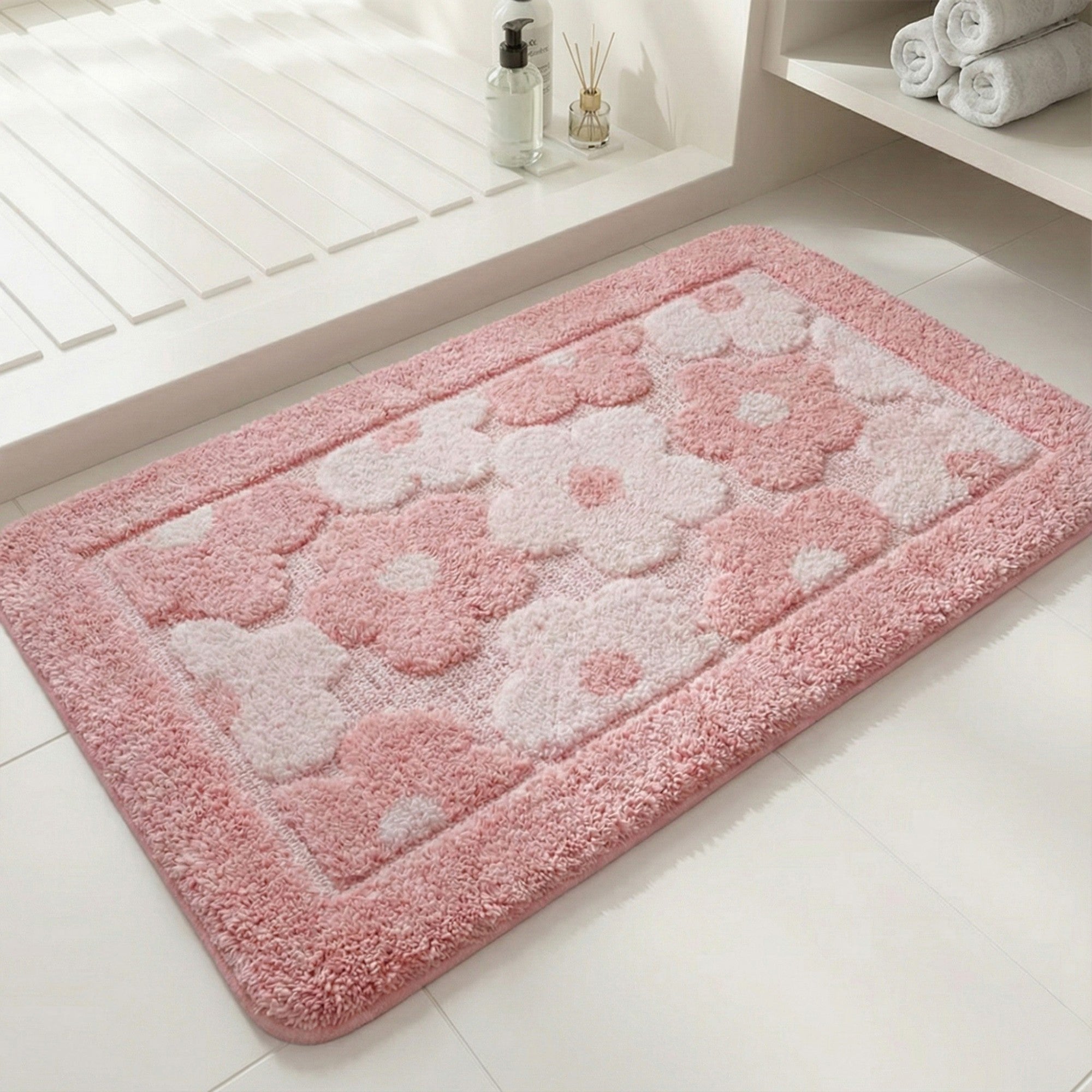 Anna-Kaci Plush Absorbent Bathroom Floor Mat with Floral Pattern Soft Textured Bath Rug for Tub Shower and Sink Areas