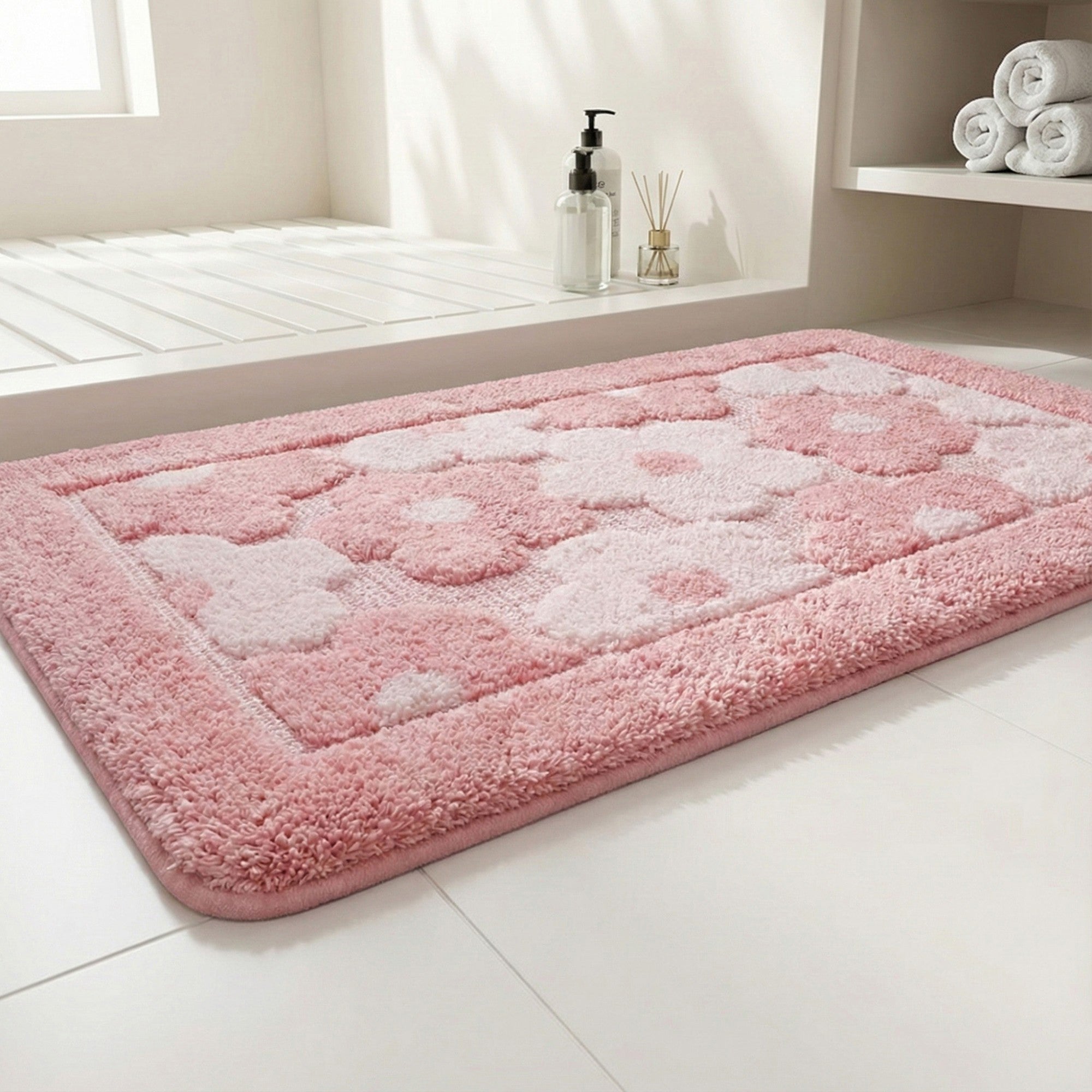 Anna-Kaci Plush Absorbent Bathroom Floor Mat with Floral Pattern Soft Textured Bath Rug for Tub Shower and Sink Areas