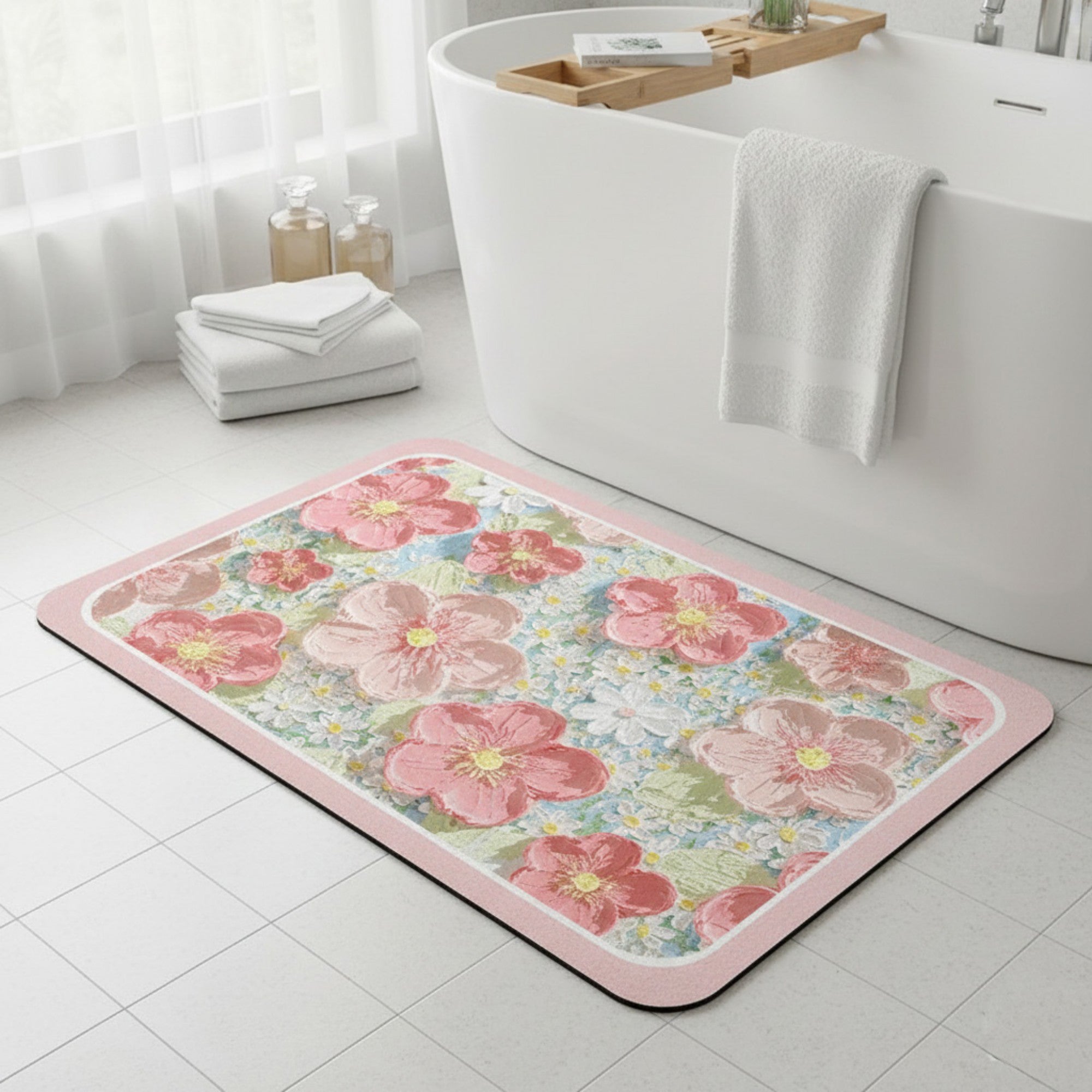 Anna-Kaci Plush Absorbent Bathroom Floor Mat with Floral Pattern Soft Cushioned Bath Rug for Tub Shower and Sink Areas