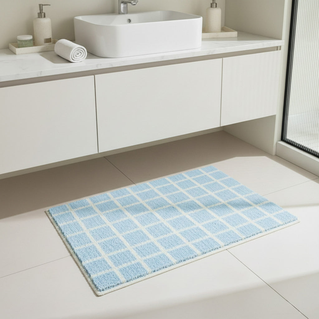 Anna-Kaci Plush Absorbent Bathroom Floor Mat with Grid Pattern Soft Textured Bath Rug for Shower Tub and Sink Areas