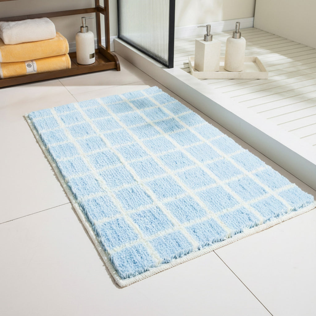 Anna-Kaci Plush Absorbent Bathroom Floor Mat with Grid Pattern Soft Textured Bath Rug for Shower Tub and Sink Areas