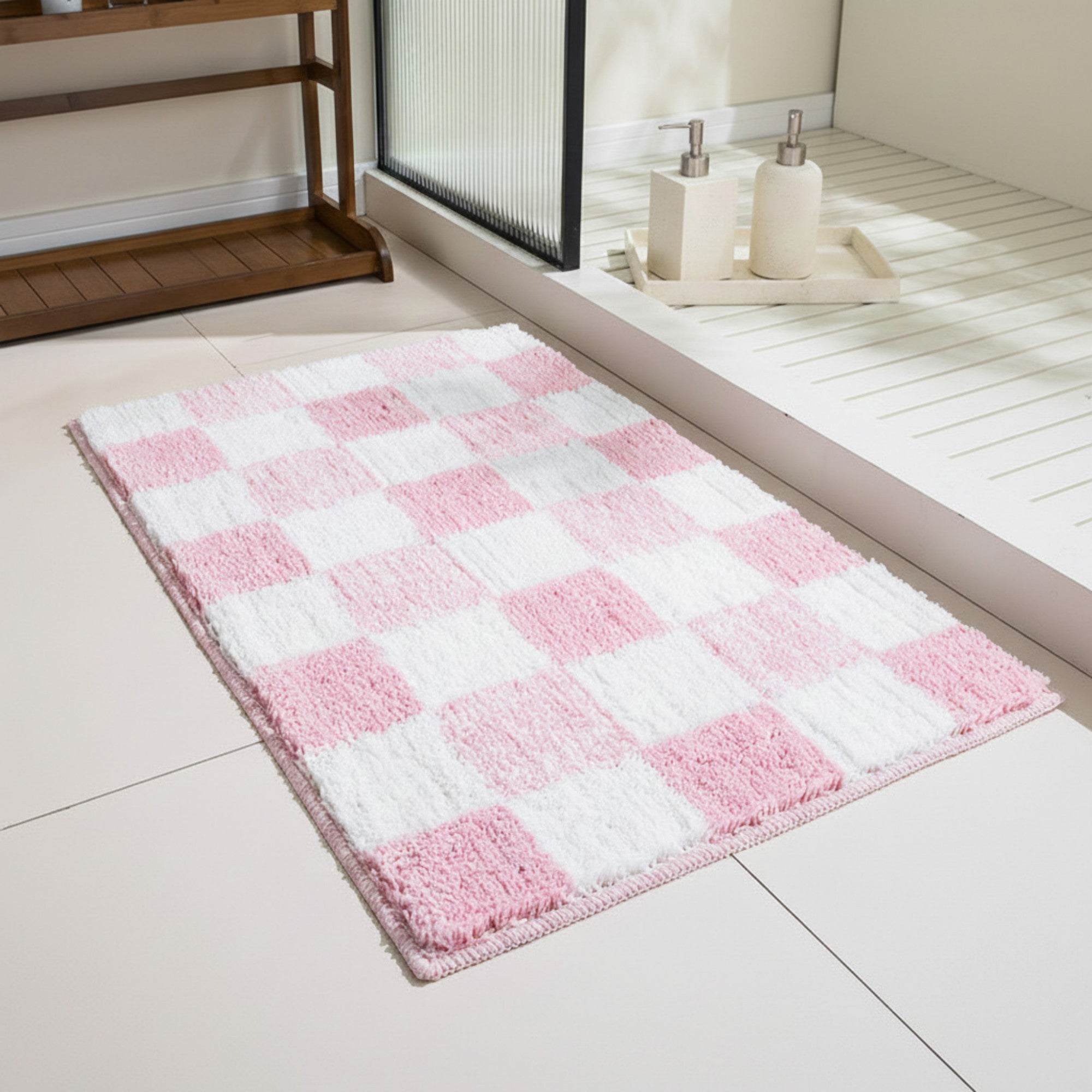 Anna-Kaci Plush Absorbent Bathroom Floor Mat with Grid Pattern Soft Textured Bath Rug for Shower Tub and Sink Areas