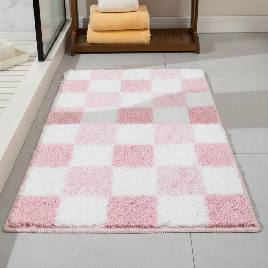 Anna-Kaci Plush Absorbent Bathroom Floor Mat with Grid Pattern Soft Textured Bath Rug for Shower Tub and Sink Areas