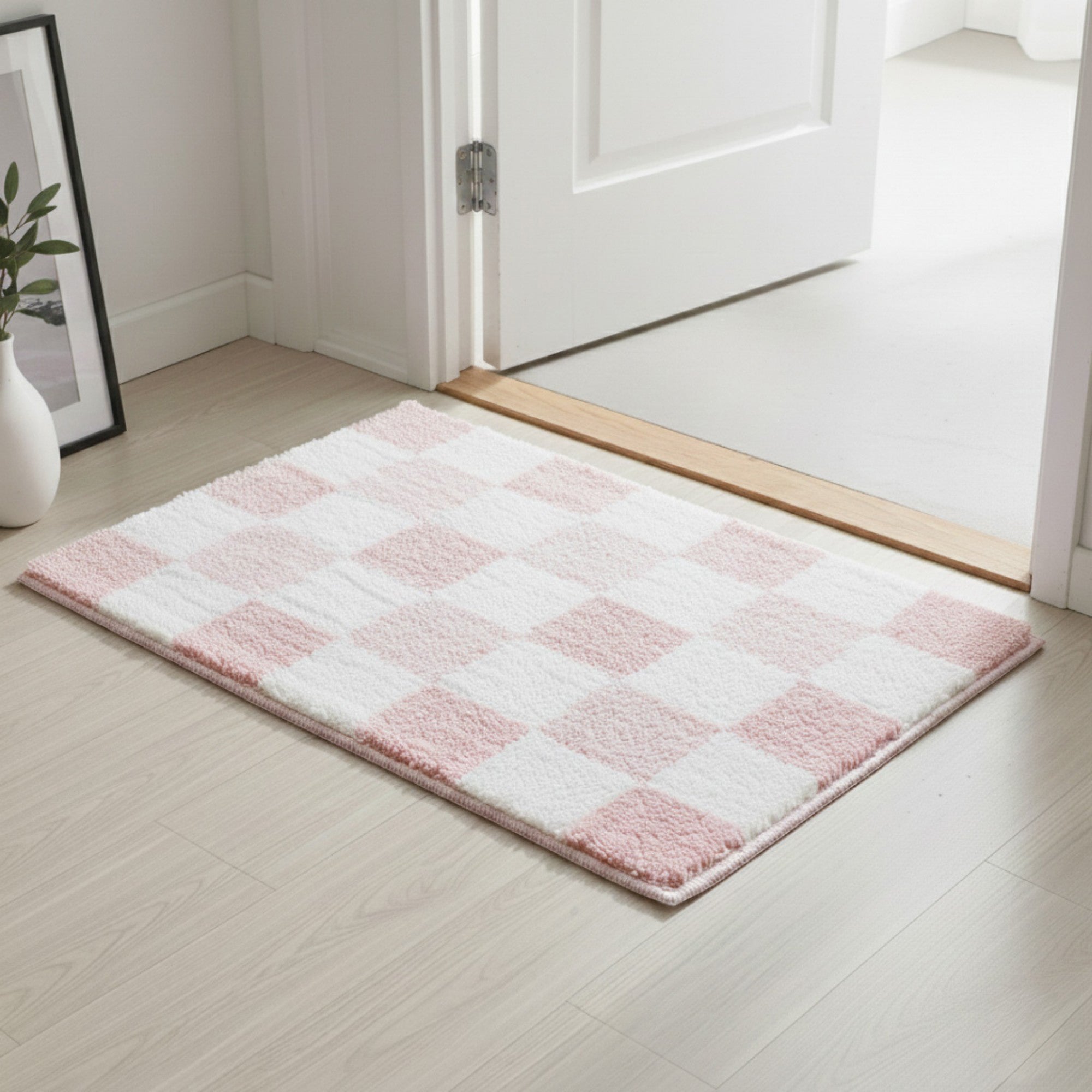 Anna-Kaci Plush Absorbent Bathroom Floor Mat with Grid Pattern Soft Textured Bath Rug for Shower Tub and Sink Areas